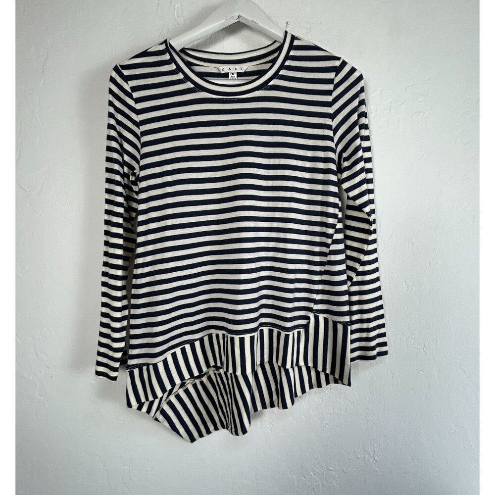 Cabi Womens Navy & White Striped Asymmetrical Hem Long Sleeve Cotton Top Small
